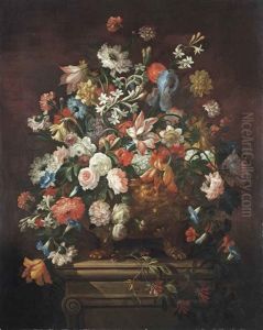 Tulips, Chrysanthemums, Violets And Other Flowers In A Sculpted Bronze Urn, On A Stone Pedestal