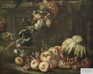 Stilleben Mit Weintrauben, Kurbis, Apfeln Und Granatapfeln An Einem Steinsockel