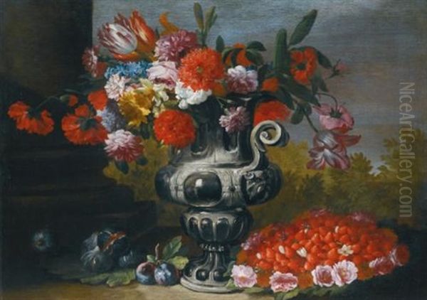 Still Life With Tulips, Carnations, Daffodils And Other Flowers In A Metallic Urn On A Stone Ledge, With Figs, Plums And A Bowl Of Strawberries Below - view 1