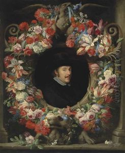 A Sculpted Cartouche With A Garland Of Parrot Tulips, Snowballs, Roses, Morning Glory, Carnations And Other Flowers, Surrounding A Portrait