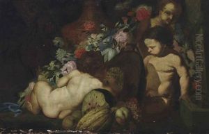Putti Beside An Urn With Flowers, Melons And Grapes