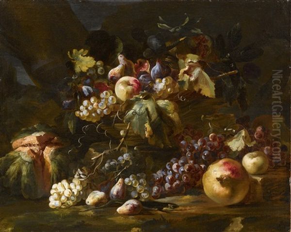 Ein Korb Mit Trauben, Apfeln, Feigen, Birnen Und Laub Gefullt, Melone, Granatapfel Und Eine Smaragdeidechse - view 1