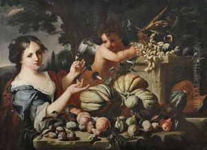 Fruchtestilleben Mit Junger Frau Und Putto Als Allegorie Des Herbstes