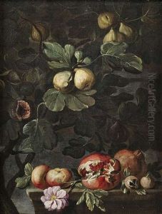 Stilleben Mit Feigenbaum Sowie Apfeln, Rose Und Granatapfeln Auf Einem Steinpodest. Stilleben Mit Weinstock Sowie Apfeln, Bluten Und Birnen Auf Einem Steinpodest (pair) by Abraham Brueghel