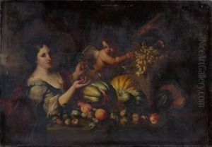 Composition De Fruits, Figure Feminine Et Putto