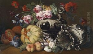 Ein Stillleben Mit Blumen Und Fruchten Und Zwei Barocken Prunkvasen by Abraham Brueghel