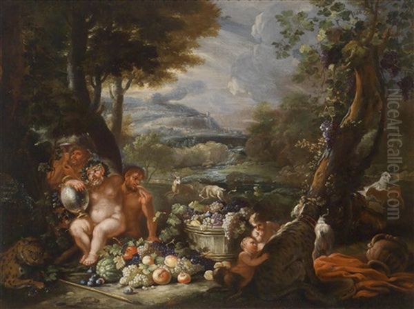 Silen Mit Zentauren, Leoparden Und Einer Mit Obst Gefullten Butte Vor Einer Weiten Flusslandschaft - view 1