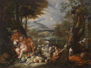 Silen Mit Zentauren, Leoparden Und Einer Mit Obst Gefullten Butte Vor Einer Weiten Flusslandschaft