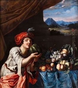 Grosses Fruchtestilleben Mit Orientalisch Gekleidetem Knaben Vor Einer Landschaft