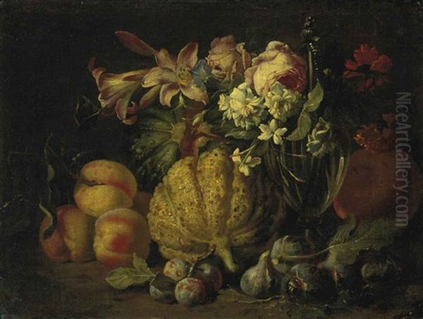 Peaches, Melons, Plums, Figs, Lillies, Roses, And Other Flowers With A Glass Carafe - view 1