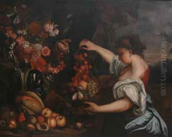 Vaso Istoriato Con Tulipani, Garofani Ed Altri Fiori, Ortaggi E Frutta E Figura Di Donna En Plein Air - view 1