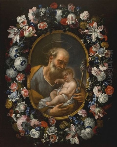 Ghirlanda Di Fiori Con San Giuseppe E Il Bambino (flower Garland With Saint Joseph And The Child)(attributed To Collab. W/luca Giordano) - view 1