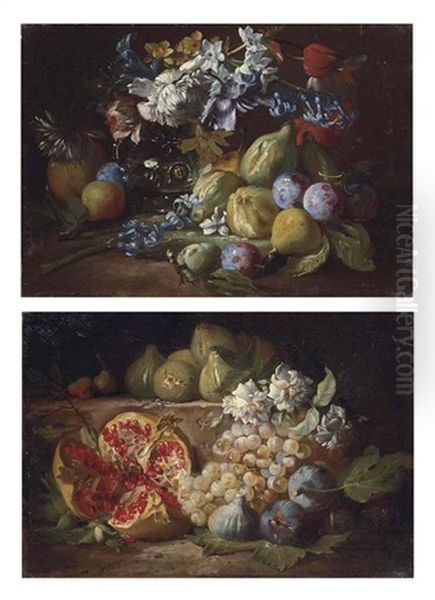 Roses, Tulips, Daffodils And Other Flowers In A Glass Vase, With Figs, Plums And Pears (+ A Pomegranate, Figs, Grapes And Flowers On A Stone Ledge; Pair) - view 1