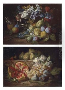 Roses, Tulips, Daffodils And Other Flowers In A Glass Vase, With Figs, Plums And Pears (+ A Pomegranate, Figs, Grapes And Flowers On A Stone Ledge; Pair) by Abraham Brueghel