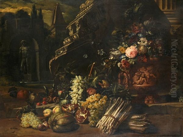 Still Life Of Flowers In An Urn, Vegetables, Fruit And Butterfly, Classical Ruins Beyond - view 1