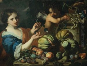 Jeune Femme Et Amour Devant Une Nature Morte De Fruits by Abraham Brueghel