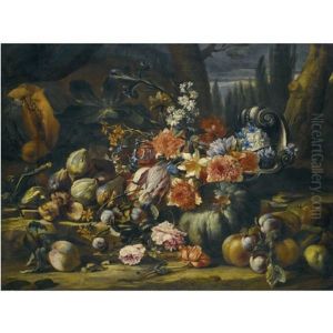 A Still Life With Flowers In A Silver Fruit Dish, Melons, Peaches, Apples, Plums, Roses And Figs On A Rocky Bank