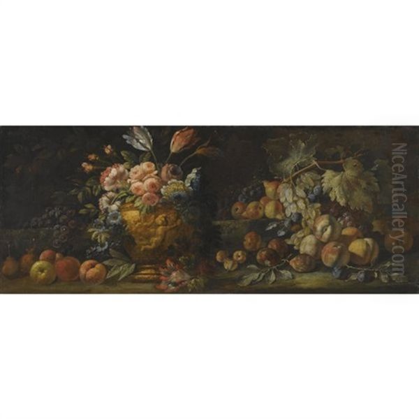 Still Life With Fruit Piled High And A Sculpted Urn Filled With Flowers - view 1