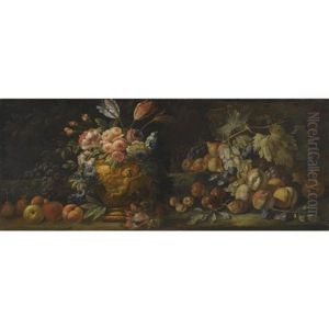 Still Life With Fruit Piled High And A Sculpted Urn Filled With Flowers by Abraham Brueghel
