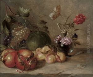Pomegranates, Grapes, Peaches And A Melon, With Peonies In A Glass Vase On A Stone Ledge by Abraham Brueghel