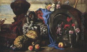 Natura Morta Con Vaso Di Fiori, Piatto E Brocca In Metallo