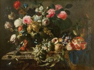 Nature Morte Au Vase De Fleurs Et Fruits Sur Un Entablement by Abraham Brueghel