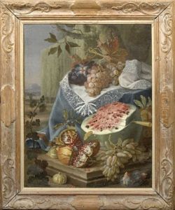 Still Life With Grapes, Melon, And Pomegranates On A Stone Ledge