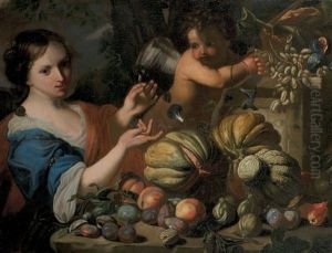 Jeune Femme Et Putto Cueillant Des Fruits by Abraham Brueghel