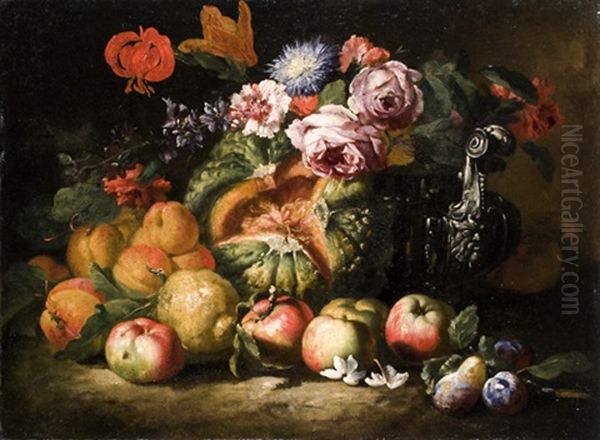 Rose, Altri Fiori, Mele, Un Limone, Una Zucca E Altri Frutti Su Un Piano Di Pietra, Con Un Vaso D'argento Ornato Da Un Mascherone - view 1