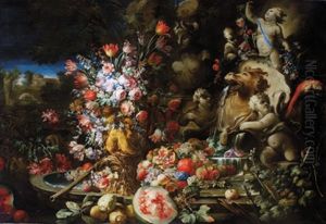 Stillleben Mit Fruchten Und Blumen (+ Another; Pair) by Abraham Brueghel