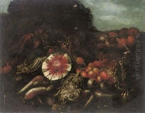 A Watermelon, Cabbages, Radishes, Peaches And Other Fruits And Vegetables, In A Landscape