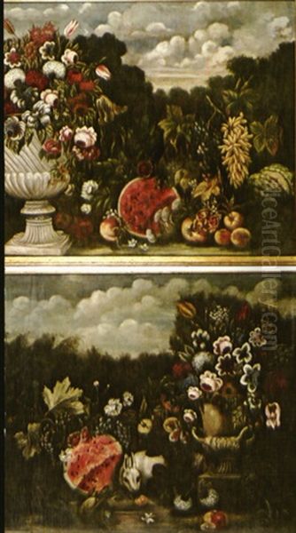 Bouquet De Fleurs Et Fruits Dans Un Paysage (pair) - view 1