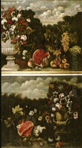 Bouquet De Fleurs Et Fruits Dans Un Paysage (pair) by Abraham Brueghel