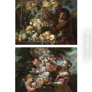 A Still Life With A Girl And Putto Adorning A Sculpted Urn With A Garland Of Flowers - Spring (+ A Still Life Of Pomegranates, Melons, Pears, Plums And Morning Glory; Pair)