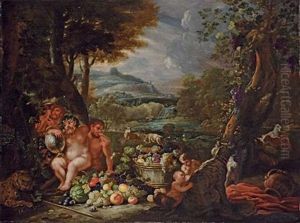 Silenus, With Centaurs, Leopards And A Barrel Of Fruit In An Extensive River Landscape (collab W/ Nicola Malinconico)