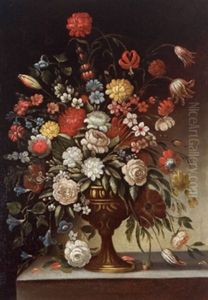 Blumenstraus In Einer Tonvase, Un Mazzo Di Fiori In Un Vaso Ornato Di