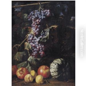 Still Life Of A Bunch Of Grapes Hanging From A Twig, Pomegranates, Peaches, A Melon And A Salamander, All In A Landscape thumbnail