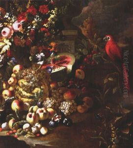 Fruchte, Pilze Und Blumenstillleben Mit Papagei Und Amphore