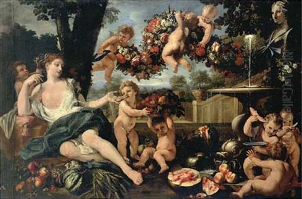 Ceres Seated By A Fountain Attended By Putti, A Formal Garden Beyond - view 1