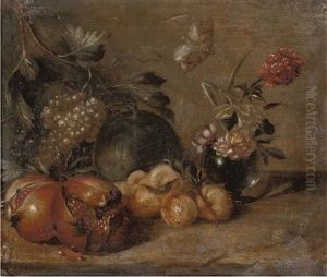 Pomegranates, Grapes, Peaches And A Melon, With Peonies In A Glass Vase On A Stone Ledge, With A Butterfly And A Snail by Abraham Brueghel
