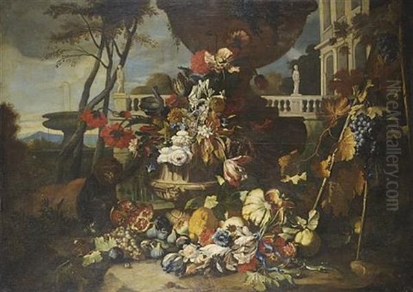 A Sculpted Urn With Tulips, Carnations, Morning Glory And Other Flowers With Pommegranates, Melons, Figs And Grapes, A Lizard And A Monkey On A Bank Before A Terrace, A Fountain Beyond - view 1
