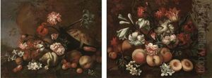 Lillies, Carnations, A Parrot Tulip, Roses, Narcissi, Other Flowers And Peaches On A Forest Floor (+ A Melon, Peaches, Cherries, A Partly-peeled Lemon, An Iris, Parrot Tulips, Roses And Other Flowers by Abraham Brueghel