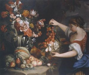 Fruchte Und Blumenstilleben Mit Einer Jungen Frau by Abraham Brueghel