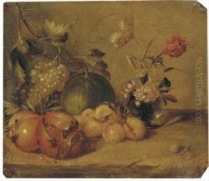 Pomegranates, Grapes, Peaches And A Melon, With Peonies In A Glass Vase On A Stone Ledge, With A Butterfly And A Snail by Abraham Brueghel