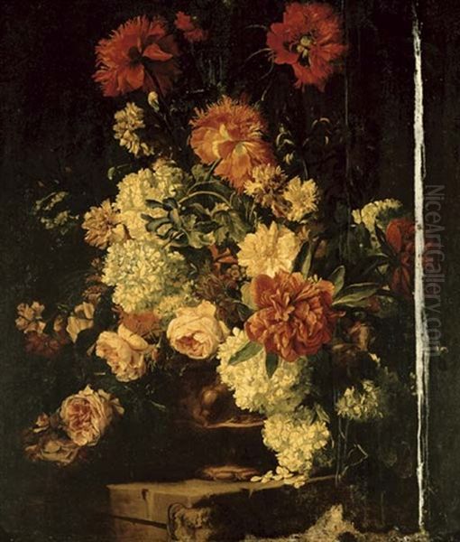 Peonies, Roses, Hydrangea, Carnations And Irises In A Sculpted Terracotta Urn On A Stone Ledge - view 1