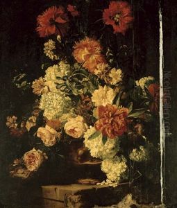 Peonies, Roses, Hydrangea, Carnations And Irises In A Sculpted Terracotta Urn On A Stone Ledge by Abraham Brueghel