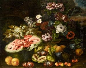 Still Life Life With Grapes, A Melon, Figs, Plums, Peaches And Various Flowers In A Landscape