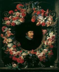 Blumenkranz Um Eine Kartusche Mit Dem Bildnis Eines Herrn (collab. W/jacob Van Oost (the Younger))