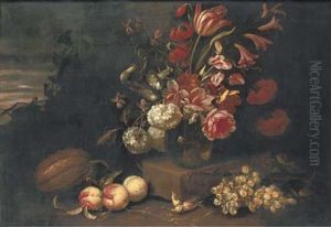 Roses, Tulips, Irises, Hydrangeas And Other Flowers In A Vase On A Low Plinth Flanked By Grapes And Peaches And Other Fruits With The Sky Beyond
