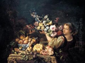 A Still Life Of A Melon, Open Pomegranates, Plums, Figs, Peaches And Pears On A Carved Stone Table, With A Girl Supporting A Bowl Of Figs And Flowers To The Right by Abraham Brueghel